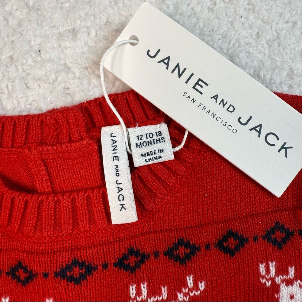 Janie and Jack Red Reindeer Christmas Knit Sweater Ruffle Sleeve 12-18 mnths NWT - Picture 3 of 4